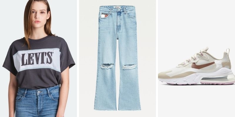 Outfit áo thun phom rộng cùng quần baggy jeans theo phong cách retro