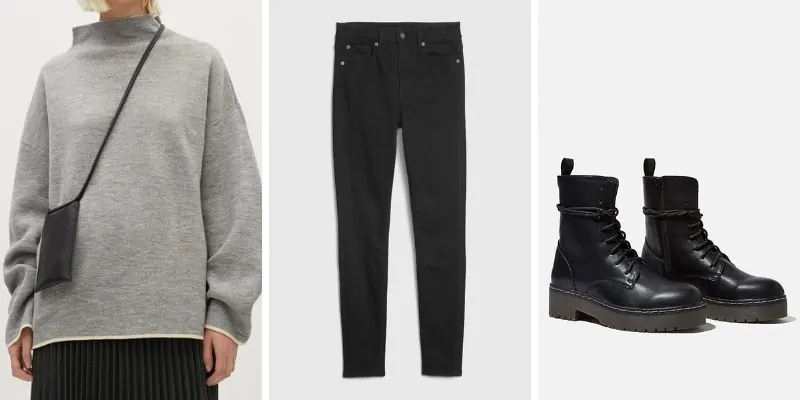 cách phối đồ với áo sweater - Phối cùng quần skinny và giày boots