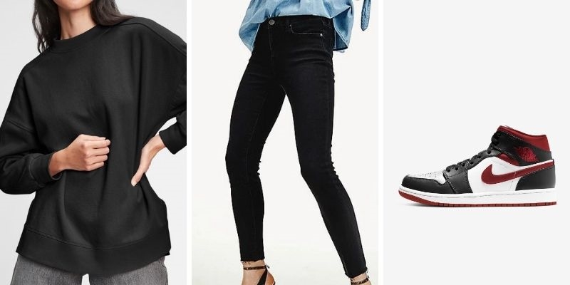 cách phối đồ với áo sweater - Mix cùng quần skinny jeans và giày Nike cổ cao