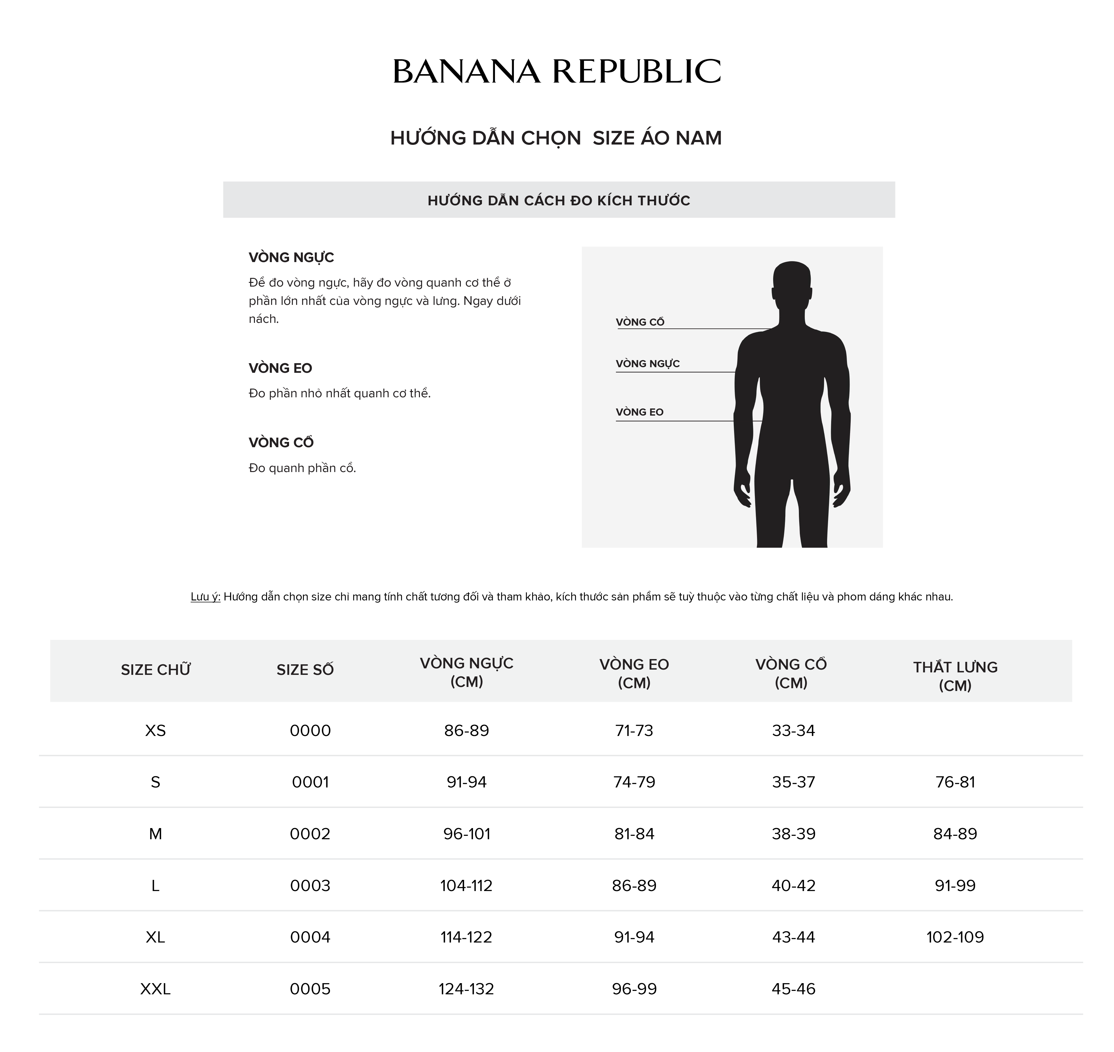Bảng size Banana Republic nam