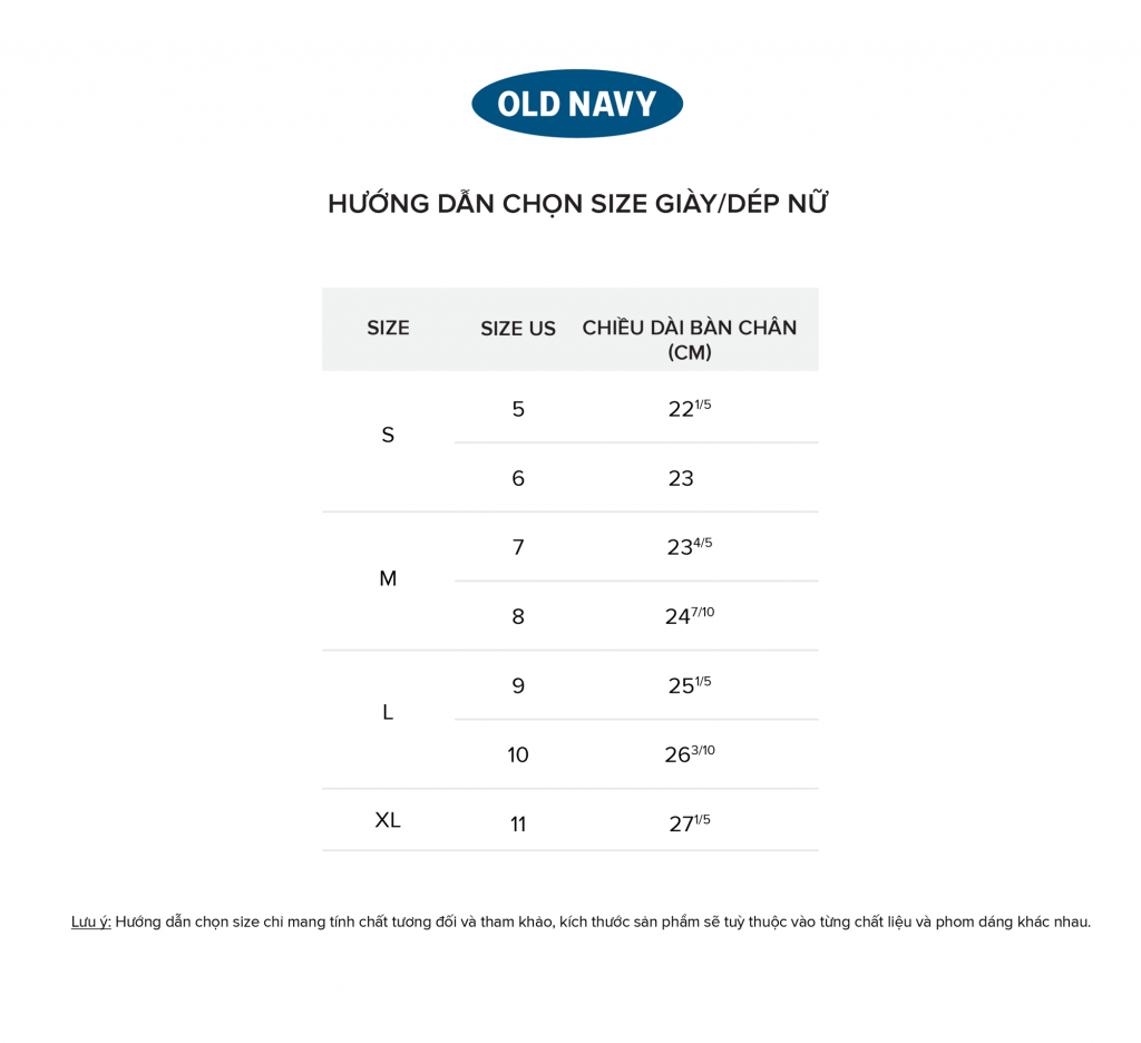 Cách chọn size quần áo Old Navy chuẩn quốc tế