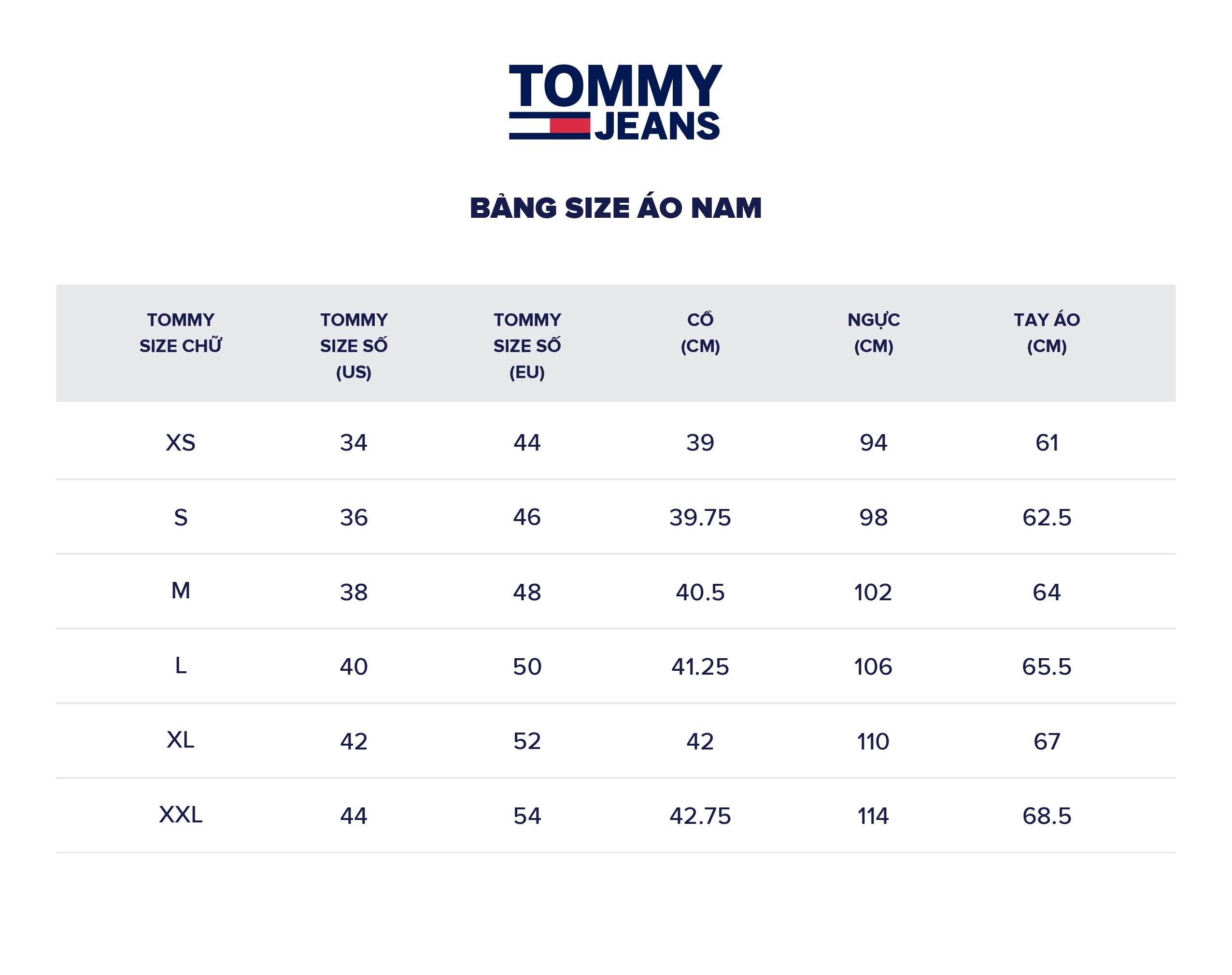 Size quần áo và giày dép Tommy Hilfiger chuẩn quốc tế