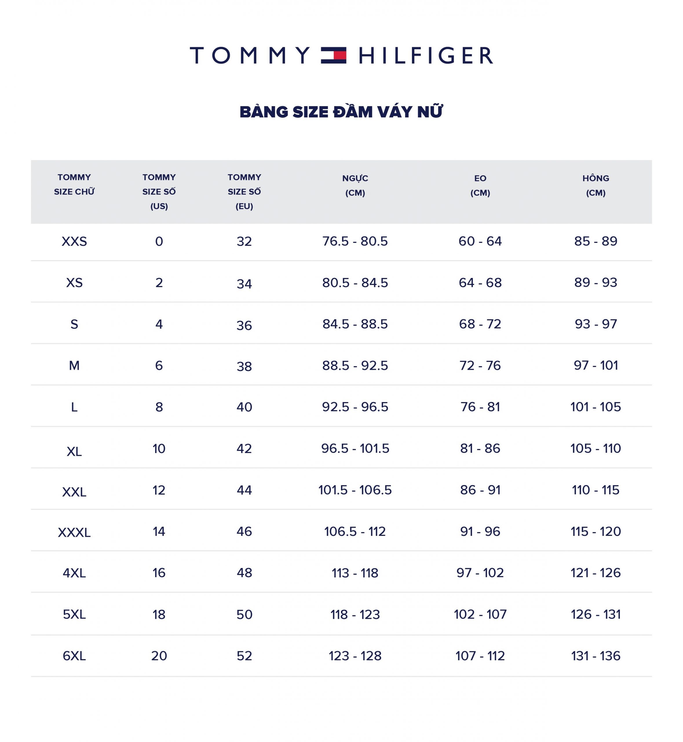 Size quần áo và giày dép Tommy Hilfiger chuẩn quốc tế