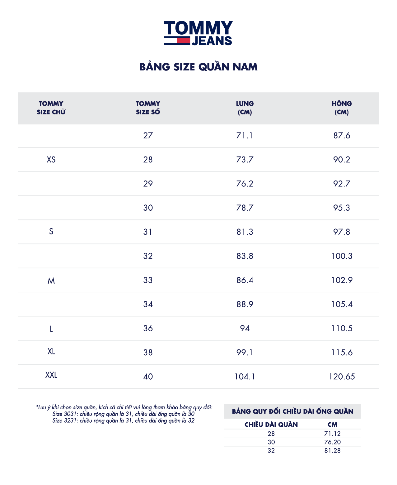 Size quần jeans Tommy Hilfiger chuẩn quốc tế