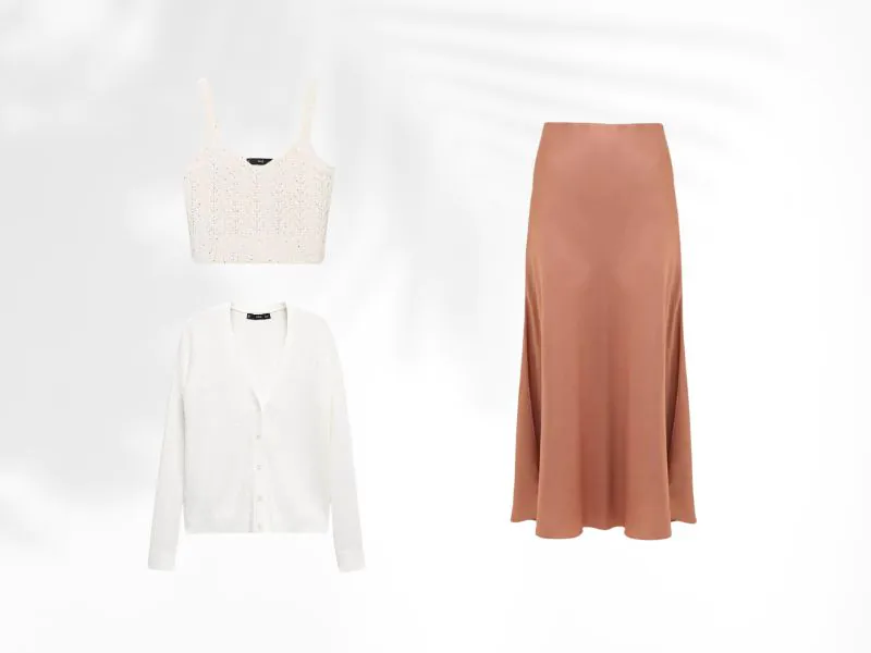 Chân váy lụa French Connection cùng áo kiểu len và cardigan