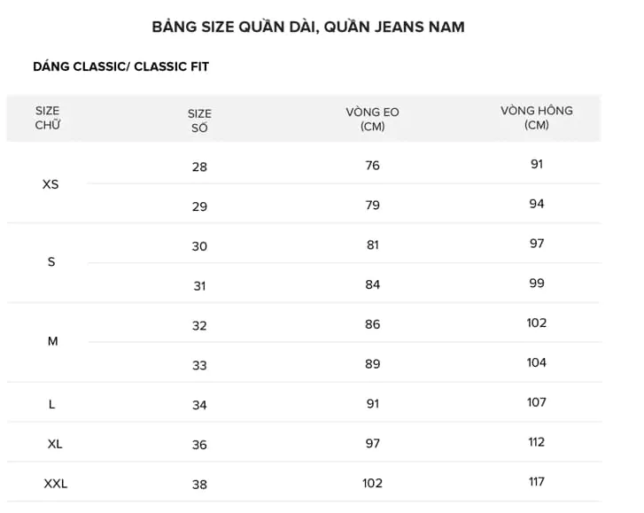 Bảng size Calvin Klein 1