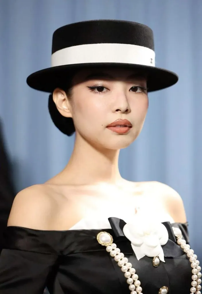 JENNIE met gala 2025 mũ canotier hai tông đen trắng