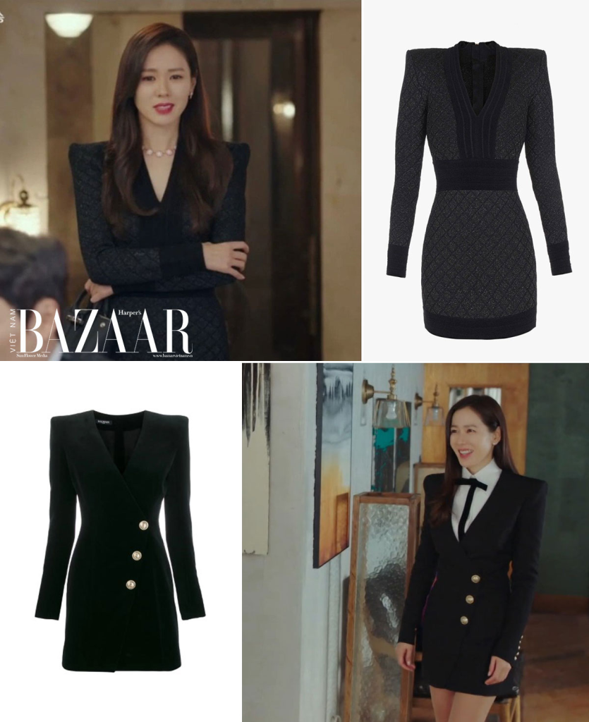 Son Ye Jin mặc đầm dáng suit Balmain trong phim Hạ cánh nơi anh. Phom dáng tạo vẻ quyền lực nhờ cầu vai ngang và phần eo ôm sát tôn dáng. Ảnh: Harper's Bazaar, Phim Hạ Cánh Nơi Anh