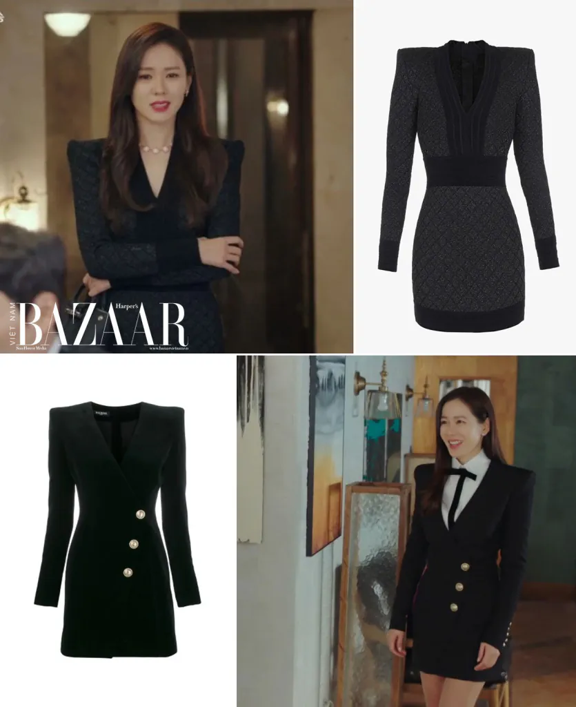 Son Ye Jin mặc đầm dáng suit Balmain trong phim Hạ cánh nơi anh. Phom dáng tạo vẻ quyền lực nhờ cầu vai ngang và phần eo ôm sát tôn dáng. Ảnh: Harper's Bazaar, Phim Hạ Cánh Nơi Anh