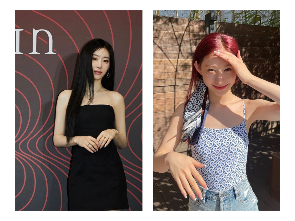 Màu đen khiến Chaeyoung (ITZY) lộ sắc tố lạnh, khiến vẻ ngoài kém tươi tắn. Trong khi đó, màu xanh tươi sáng cùng tóc đỏ và phụ kiện khiến cô nàng trở nên rạng rỡ hơn. Ảnh: @itzy.all.in.us - cách xác định undertone