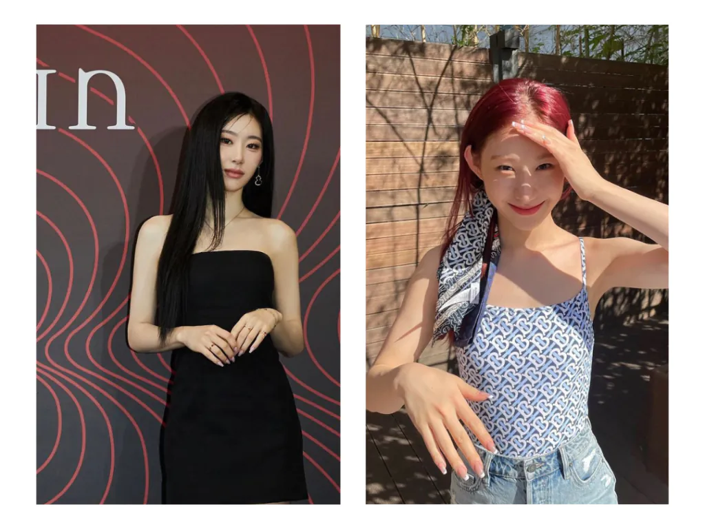 Màu đen khiến Chaeyoung (ITZY) lộ sắc tố lạnh, khiến vẻ ngoài kém tươi tắn. Trong khi đó, màu xanh tươi sáng cùng tóc đỏ và phụ kiện khiến cô nàng trở nên rạng rỡ hơn. Ảnh: @itzy.all.in.us - cách xác định undertone