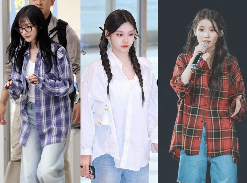 Các sao IU, Ningning (aespa), Kim Jiwon phối áo sơ mi cùng quần jeans. Ảnh: internet.
