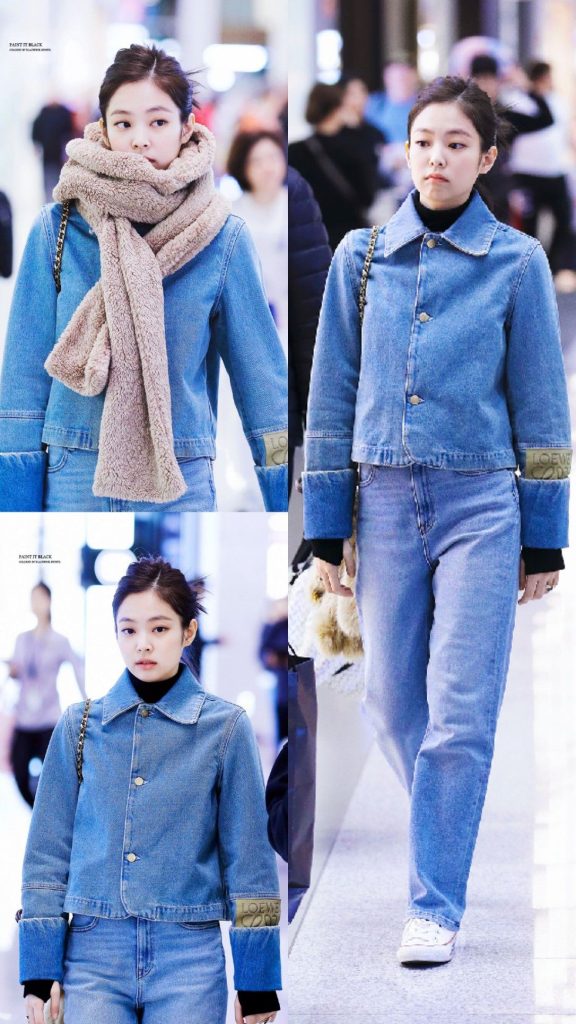 Phụ kiện khăn làm cho set đồ denim của Jennie không hề nhàm chán. Ảnh: internet.