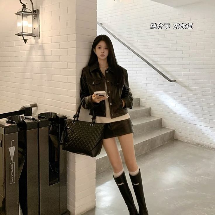 Váy ngắn kết hợp boots đen – sự hòa trộn giữa dịu dàng và nét cá tính cuốn hút. Ảnh: internet.