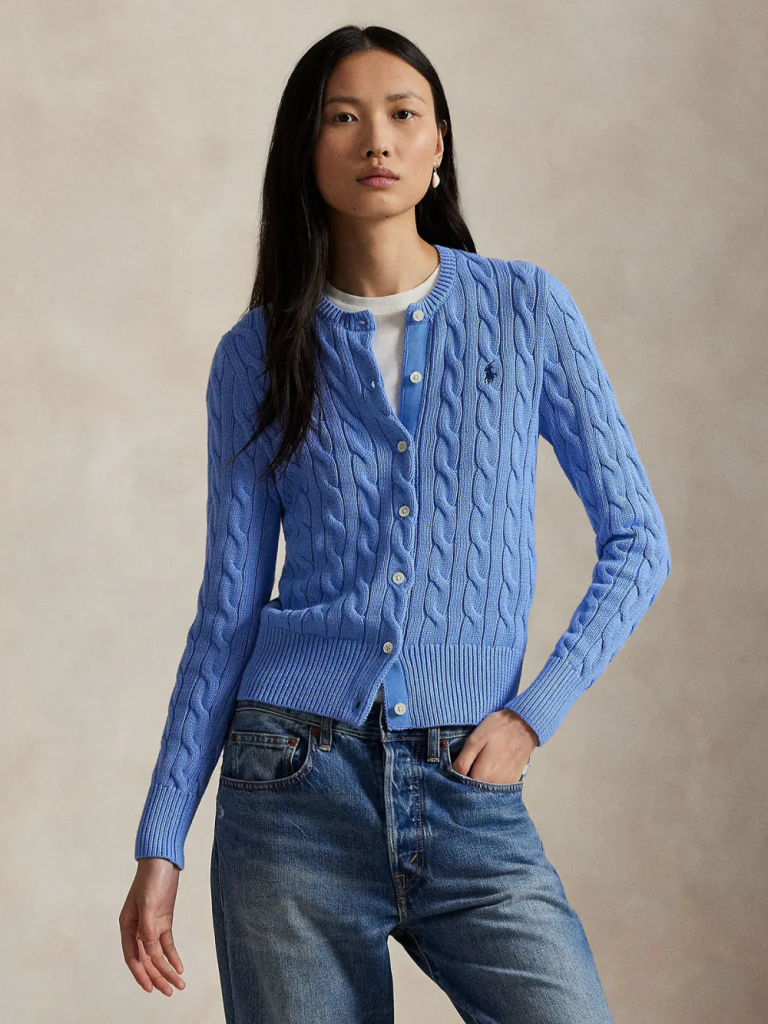 POLO RALPH LAUREN Áo Cardigan Nữ Tay Dài Cable-Knit Cotton Crewneck Cardigan