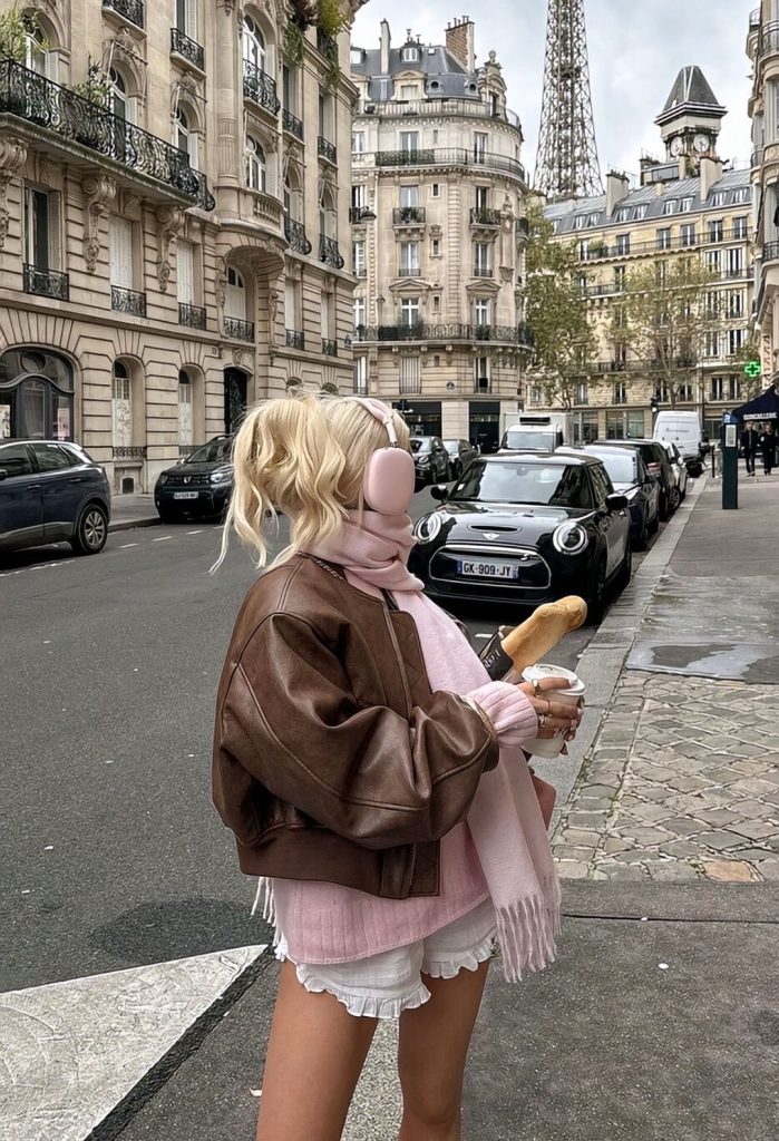 Áo da nâu phối cùng len hồng – công thức chuẩn phong cách Paris hiện đại. Ảnh: internet.