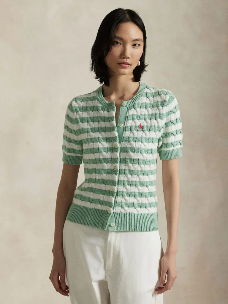 POLO RALPH LAUREN Áo Cardigan Nữ Tay Ngắn Striped Cable-Knit Short-Sleeve Cardigan