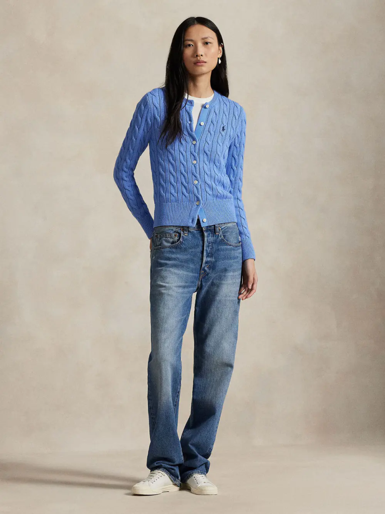 POLO RALPH LAUREN Áo Cardigan Nữ Tay Dài Cable-Knit Cotton Crewneck Cardigan