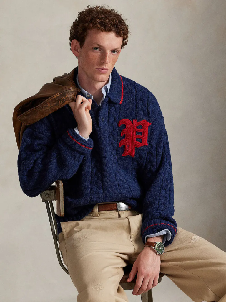 POLO RALPH LAUREN Áo Sweater Nam Tay Dài Cable-Knit Polo-Collar Letter Sweater