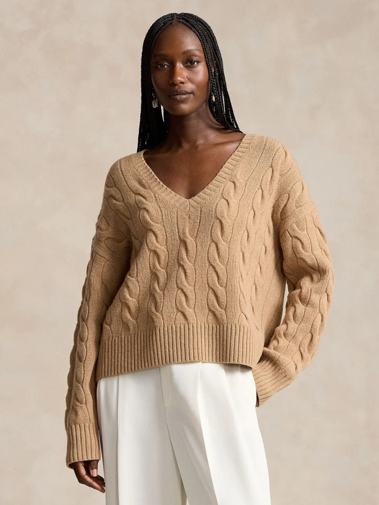 POLO RALPH LAUREN Áo Len Nữ Tay Dài Cable-Knit Wool-Cashmere V-Neck Sweater