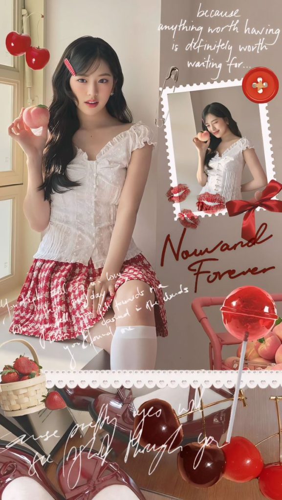 Tạo dáng lãng mạn bên cửa sổ, khoe chiếc áo trắng bèo nhún và chân váy caro đỏ. Trái cây tươi và kẹo mút làm tăng thêm sự ngọt ngào. Ảnh: internet.