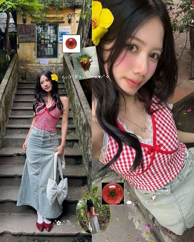 Dạo bước trên bậc thang cũ kỹ với chiếc váy dài denim và áo yếm caro đỏ. Ảnh: internet.
