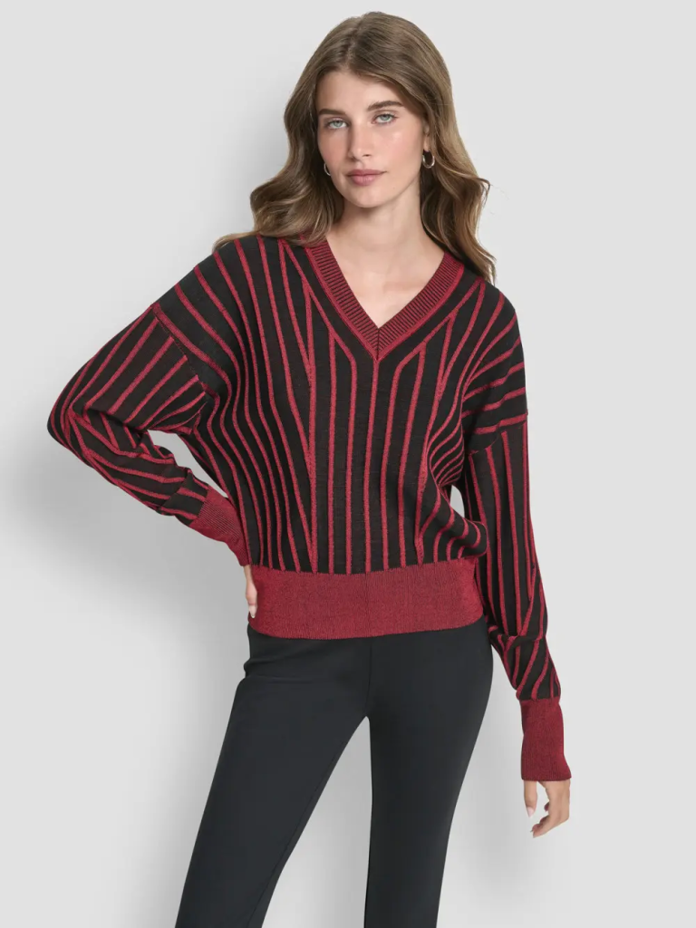 DKNY Áo Len Nữ L/S Rib V Neck Sweater