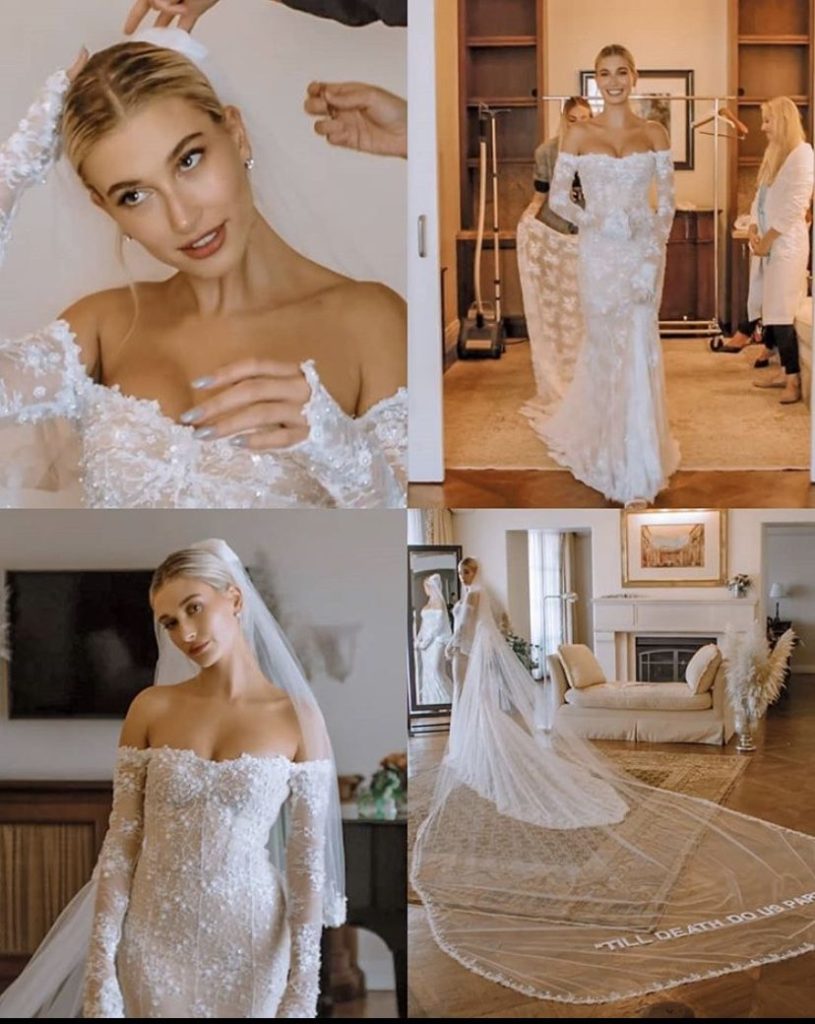Chiếc váy cưới với dòng chữ "Till Death Do Us Part" trên khăn voan. Ảnh: internet.