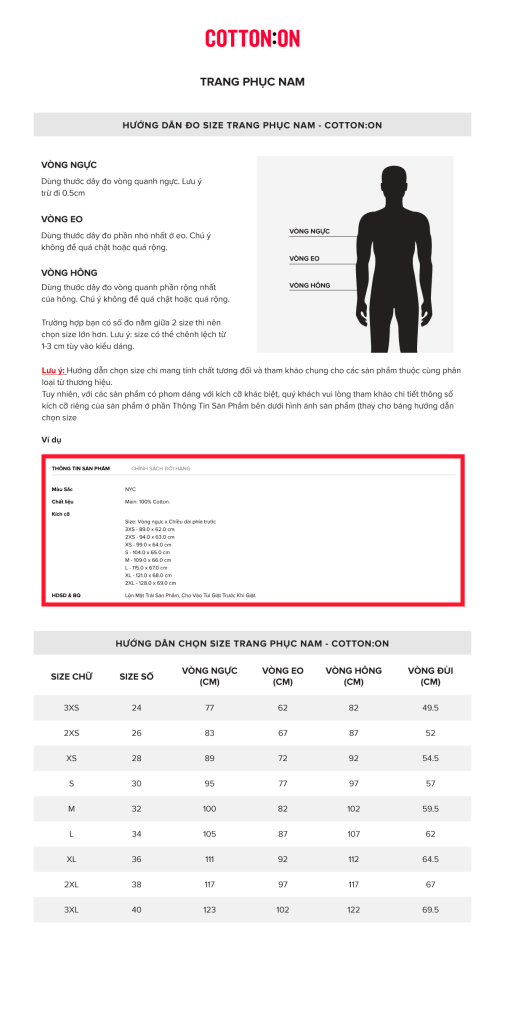 Hướng dẫn chọn size thời trang nam Cotton On theo bảng số đo (Size Chart) chuẩn nhất