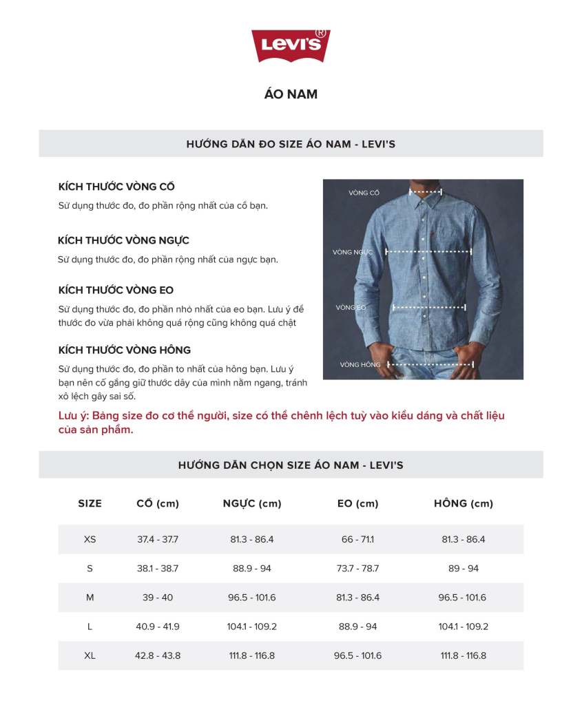 Hướng dẫn chọn size quần áo nam Levi's theo bảng số đo (Size Chart) chuẩn nhất