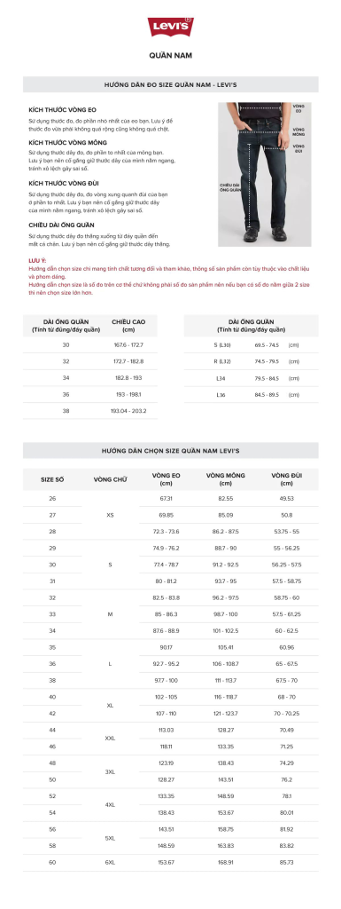 Hướng dẫn chọn size quần áo nam Levi's theo bảng số đo (Size Chart) chuẩn nhất