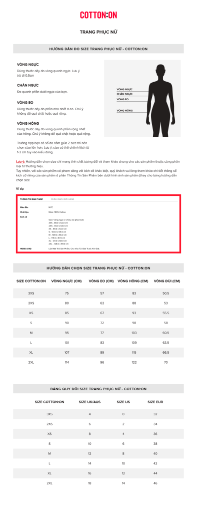 Hướng dẫn chọn size thời trang nữ Cotton On theo bảng số đo (Size Chart) chuẩn nhất