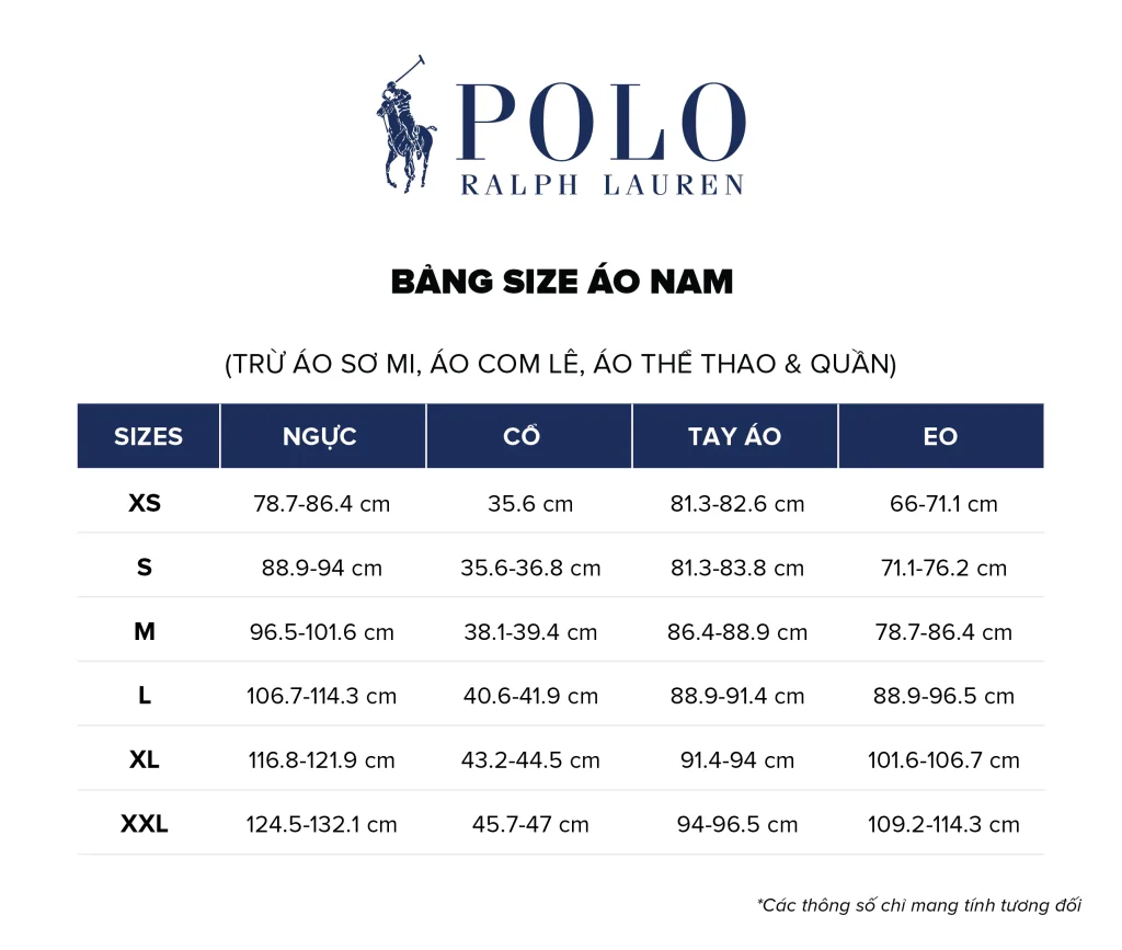 Bảng size áo thun nam Polo Ralph Lauren. Ảnh: ACFC.
