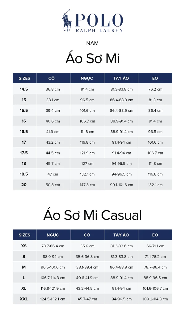 Bảng size áo sơ mi nam Polo Ralph Lauren. Ảnh: ACFC.