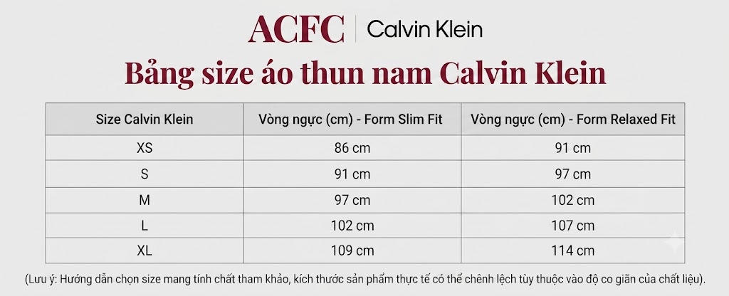 Bảng size áo thun nam Calvin Klein