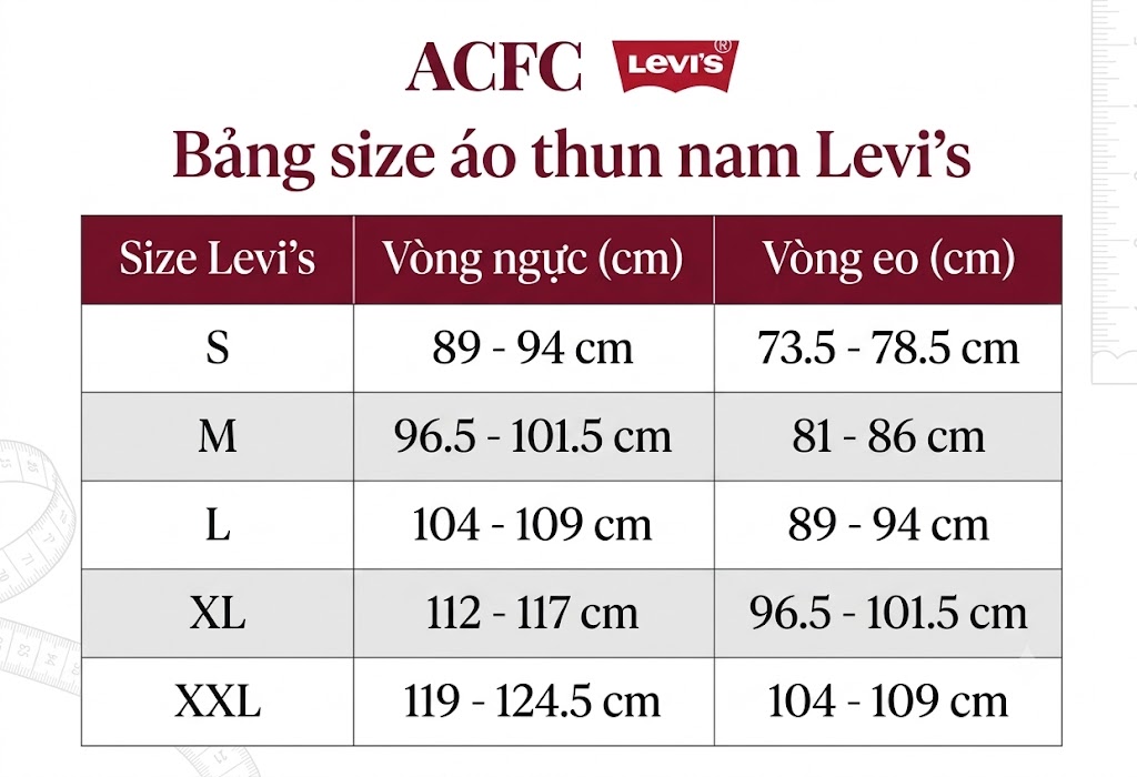 Bảng size áo thun nam Levi's