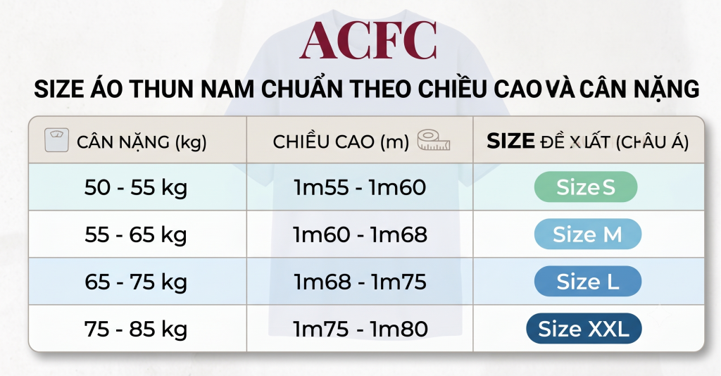 Bảng size áo thun nam chuẩn theo chiều cao và cân nặng