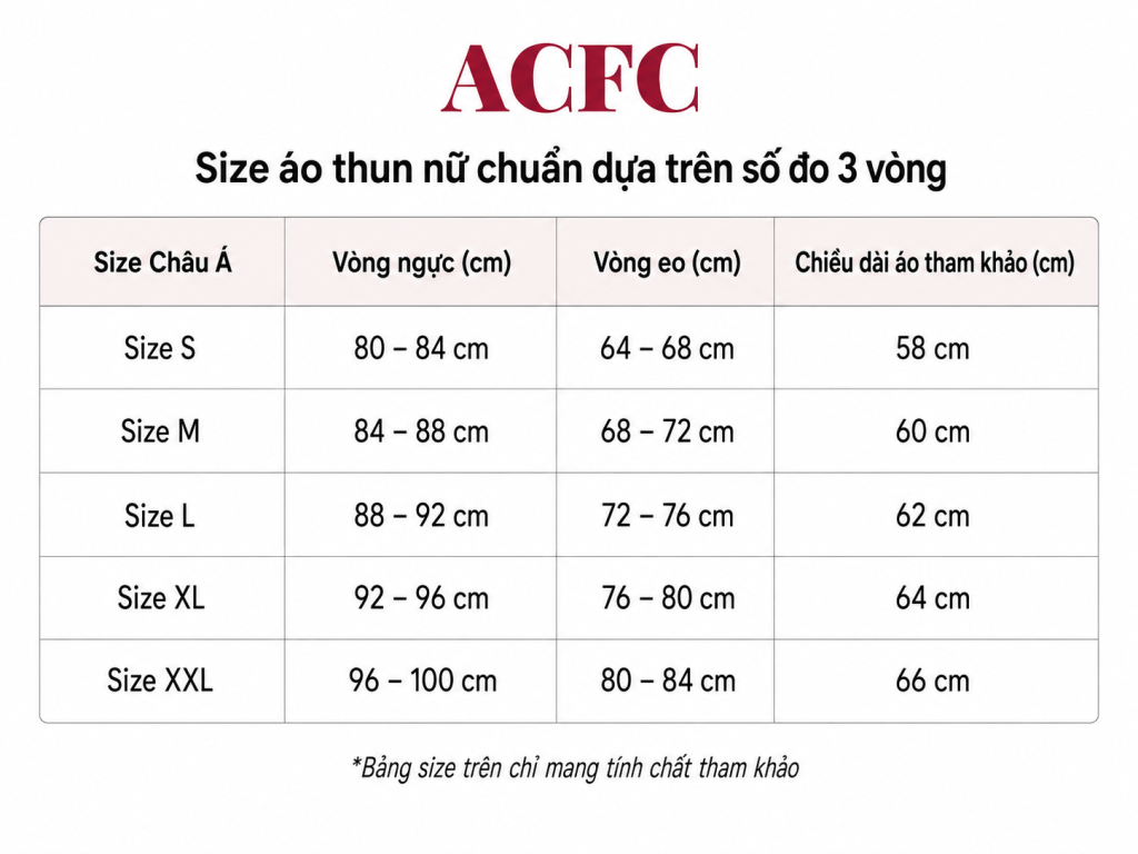 Bảng số đo size áo thun nữ chuẩn dựa trên số đo 3 vòng